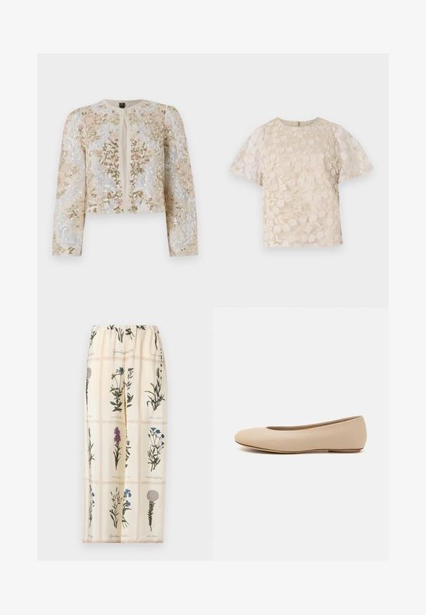 Beige siuvinėtas trumpas švarkas su rožinėmis, žaliomis ir mėlynomis gėlėmis. Turi ilgas rankoves ir apvalų iškirpimą.; Bežinė blusa su gėlėmis siuvinėjimu, permatomos pūstinės rankovės, apvali iškirptė ir užtrauktuko uždarymas nugaros pusėje. Tekstūruotas gėlių raštas priekinėje pusėje.; Gėlių rašto sijonas su kreminės spalvos fonu, elastinga juosmens juosta ir įvairių gėlių iliustracijomis žalių, purpurinių ir mėlynų atspalvių.; Šviesiai ruda odinė baleto bateliai su apvaliu galiuku, minimaliais siūlių detalėmis, žemu kulnu ir subtiliu logotipu gale. Lygi, matinė tekstūra.