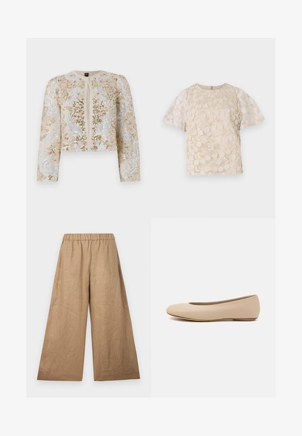 Beige geborduurd cropped jack met florale motieven in roze, groen en blauw. Heeft lange mouwen en een ronde halslijn.; Beige blouse met bloem borduursels, doorschijnende pofmouwen, ronde halslijn en rits op de rug. Getextureerd bloemmotief op het voorpaneel.; Linnen wijde broek in een lichtbruine tint, met een geplooide elastische tailleband en een gladde, gestructureerde afwerking.; Beige leren ballerina met een ronde neus, minimale naaidetailing, lage hak en subtiel logo op de achterkant. Gladde, matte textuur.