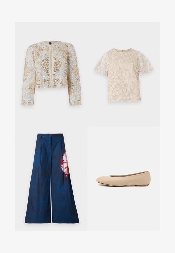 Hímesített, bézs színű, cropped dzseki rózsaszín, zöld és kék virágmotívumokkal. Hosszú ujjaival és kerek nyakkivágásával rendelkezik.; Beige blúz virágos hímzéssel, áttetsző puffos ujjakkal, kerek nyakkivágással és hátsó cipzáras zárással. Textúrált virágmintázat az elülső panelen.; Sötét tengerészkék széles szárú nadrág, amelynek egyik oldalán rózsaszín és sárga virágmintázat található, és deréknál gombos záródással rendelkezik.; Beige bőr balettcipő lekerekített orral, minimális varrás részletekkel, alacsony sarkú és diszkrét logóval a hátsó részen. Simább, matt textúrájú.