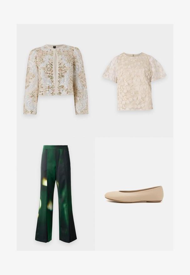 Vyvŕtaná skrátená bunda béžovej farby s kvetinovými motívmi v ružovej, zelenej a modrej. Má dlhé rukávy a okrúhly výstrih.; Béžová blúzka s kvetinovou výšivkou, priesvitnými balónovými rukávmi, okrúhlym výstrihom a zadným zipsom. Textúrovaný kvetinový vzor na prednom panely.; Rozšírené nohavice vyrobené z modro-čierneho saténového materiálu so abstraktným vzorom, hladkým povrchom a štruktúrovaným pásom.; Béžové kožené baleríny s okrúhlym prstom, minimálnym švom, nízkym podpätkom a diskrétnym logom na zadnej strane. Hladká, matná textura.