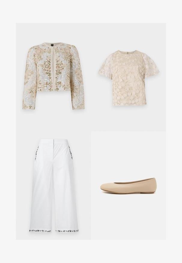 Jachetă scurtă brodată în bej, cu motive florale în roz, verde și albastru. Are mâneci lungi și decolteu rotund.; Bluză bej cu broderie florală, mâneci puff transparent, guler rotund și închidere cu fermoar la spate. Model floral texturat pe panoul din față.; Pantaloni albi, cu croi larg, cu broderie florală la buzunare și margini. Realizați dintr-un material neted, cu un design neutru și o croială ajustată.; Balerini din piele bej, cu vârful rotund, detalii de cusătură minime, toc mic și un logo subtil pe partea din spate. Textură netedă, mată.