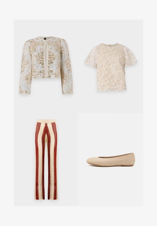 Hímesített, bézs színű, cropped dzseki rózsaszín, zöld és kék virágmotívumokkal. Hosszú ujjaival és kerek nyakkivágásával rendelkezik.; Beige blúz virágos hímzéssel, áttetsző puffos ujjakkal, kerek nyakkivágással és hátsó cipzáras zárással. Textúrált virágmintázat az elülső panelen.; Horgolt nadrág, derekán illeszkedő szabással, váltakozó piros és krémszínű függőleges csíkokkal, széles szárú fazonnal és nyitott szövésű textúrával.; Beige bőr balettcipő lekerekített orral, minimális varrás részletekkel, alacsony sarkú és diszkrét logóval a hátsó részen. Simább, matt textúrájú.