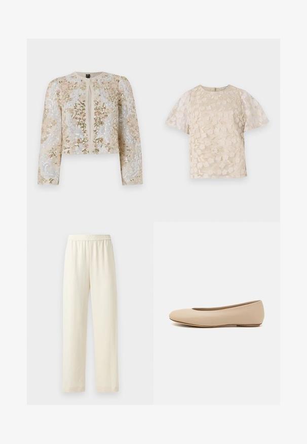 Giacca cropped ricamata in beige con motivi floreali in rosa, verde e blu. Presenta maniche lunghe e scollo rotondo.; Blusa beige con ricami floreali, maniche a sbuffo trasparenti, scollatura tonda e chiusura con cerniera sul retro. Motivo floreale testurizzato sul pannello anteriore.; Pantaloni dritti color crema con cintura elastica, texture liscia e senza motivi o elementi metallici visibili.; Ballerine in pelle beige con punta arrotondata, dettagli di cucitura minimi, tacco basso e logo discreto sul retro. Texture liscia e opaca.