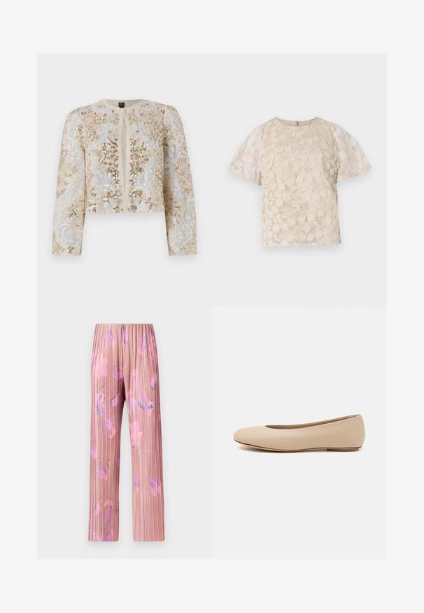 Embroidered cropped jacket in beige with floral motifs in pink, green, and blue. Features long sleeves and a round neckline.; Beige blouse with floral embroidery, sheer puff sleeves, round neckline, and back zipper closure. Textured floral pattern on front panel.; MAX&Co. TOSCA - Trousers - pastel rose; Beige leather ballet flat with rounded toe, minimal seam detailing, low heel, and subtle logo on the back. Smooth, matte texture.