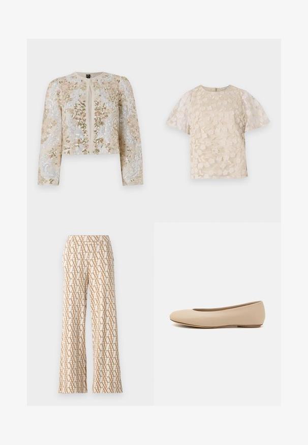 Beige geborduurd cropped jack met florale motieven in roze, groen en blauw. Heeft lange mouwen en een ronde halslijn.; Beige blouse met bloem borduursels, doorschijnende pofmouwen, ronde halslijn en rits op de rug. Getextureerd bloemmotief op het voorpaneel.; Wijdvallende broeken in een crèmekleurige stof met een herhaald beige letterpatroon. Voorzien van een soepele tailleband en een relaxed fit.; Beige leren ballerina met een ronde neus, minimale naaidetailing, lage hak en subtiel logo op de achterkant. Gladde, matte textuur.