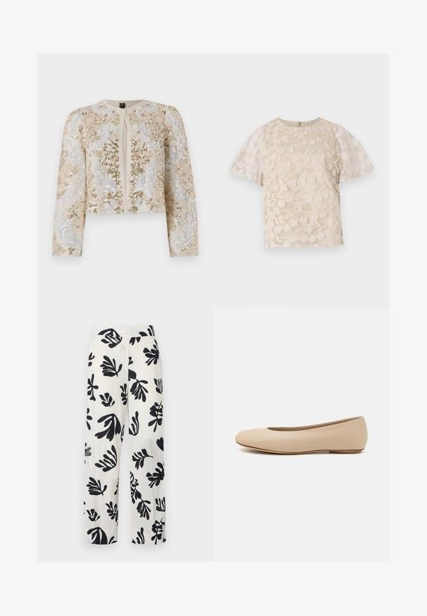 Hímesített, bézs színű, cropped dzseki rózsaszín, zöld és kék virágmotívumokkal. Hosszú ujjaival és kerek nyakkivágásával rendelkezik.; Beige blúz virágos hímzéssel, áttetsző puffos ujjakkal, kerek nyakkivágással és hátsó cipzáras zárással. Textúrált virágmintázat az elülső panelen.; Fehér vászon nadrág merész fekete növényi mintával, széles lábbal, laza szabással és varrott pliszékkal az elején.; Beige bőr balettcipő lekerekített orral, minimális varrás részletekkel, alacsony sarkú és diszkrét logóval a hátsó részen. Simább, matt textúrájú.