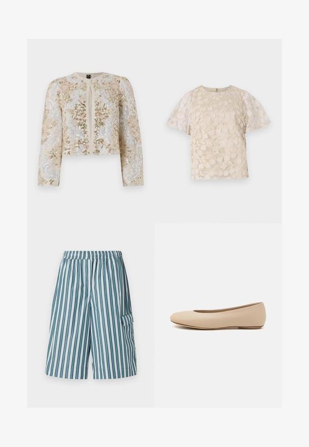 Vyšívaná zkrácená bunda v béžové barvě s květinovými motivy v růžové, zelené a modré. Má dlouhé rukávy a kulatý výstřih.; Beige blůza s květinovou výšivkou, průhlednými nadýchanými rukávy, kulatým výstřihem a zipovým uzávěrem na zádech. Texturovaný květinový vzor na předním panelu.; Pruhované šortky s elastickým pasem, které mají střídající se vertikální pruhy v zelené, bílé a modré barvě, a postranní kapsu. Lehce tkanina.; Béžové kožené baletní byty s kulatou špičkou, minimálním prošíváním, nízkým podpatkem a decentním logem na zadní straně. Hladký, matný povrch.