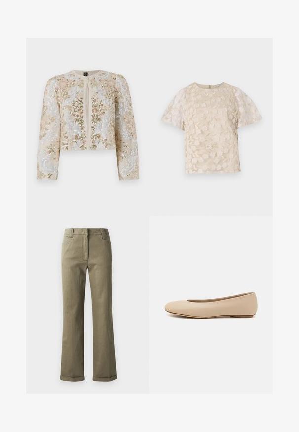 Izšūta īsā jakas stila virsjaka bēšā krāsā ar ziedu motīviem rozā, zaļā un zilā krāsā. Iespējami gari piedurknes un apaļa kakla izgriezums.; Bežīga blūze ar ziedu izšuvumu, caurspīdīgām pūkainām piedurknēm, apaļu dekoltē un aizmugurē esošu rāvējslēdzēju. Strukturēts ziedu raksts uz priekšējā paneļa.; Beigās platās bikses, kas izgatavotas no mīkstas auduma. Ar paceltu apakšmalu, priekšējām kabatām un rāvējslēdzēju ar pogas aizdari.; Bežs ādas deju zābaciņš ar noapaļu purngalu, minimālu šuvju detaļām, zemu papēdi un diskrētu logotipu aizmugurē. Gluda, matēta tekstūra.