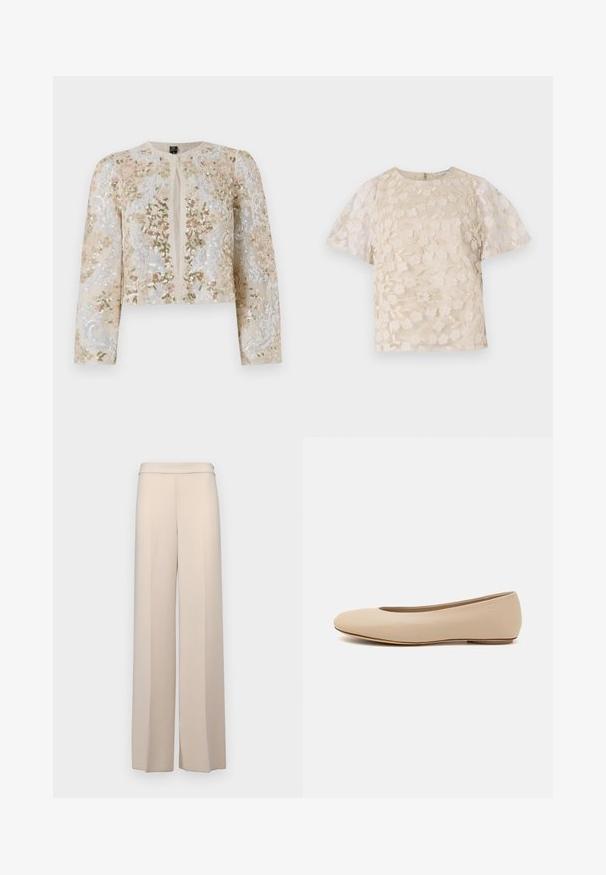 Veste courte brodée en beige avec des motifs floraux en rose, vert et bleu. Comprend des manches longues et un col rond.; Blouse beige avec broderie florale, manches bouffantes transparentes, encolure ronde et fermeture éclair au dos. Motif floral texturé sur le panneau avant.; Pantalons larges beiges en tissu lisse, dotés d'une taille haute et de plis avant discrets. Pas de poches ni de détails en matériel visibles.; Ballerines en cuir beige avec un bout arrondi, un minimum de coutures, un petit talon et un logo subtil à l'arrière. Texture lisse et mate.