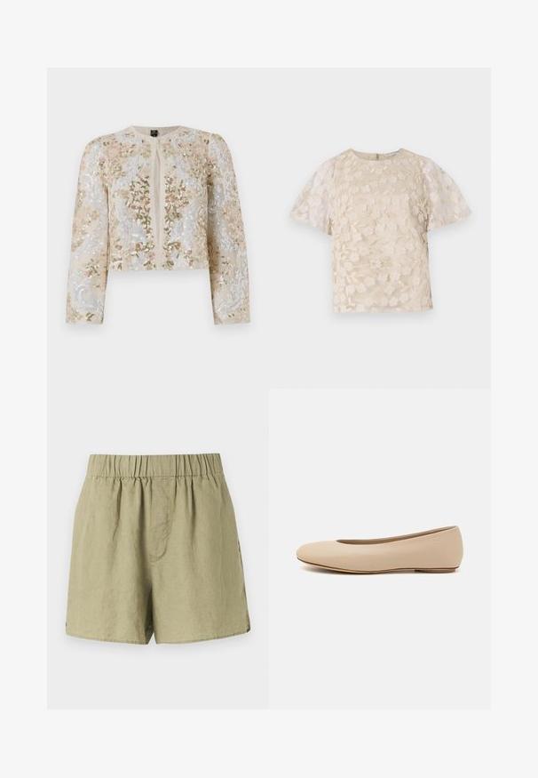 Izšūta īsā jakas stila virsjaka bēšā krāsā ar ziedu motīviem rozā, zaļā un zilā krāsā. Iespējami gari piedurknes un apaļa kakla izgriezums.; Bežīga blūze ar ziedu izšuvumu, caurspīdīgām pūkainām piedurknēm, apaļu dekoltē un aizmugurē esošu rāvējslēdzēju. Strukturēts ziedu raksts uz priekšējā paneļa.; Gai zaļie linu šorti ar elastīgu jostasvietu, sānu kabatām un brīvu piegriezumu. Izgatavoti no gludas, nedaudz teksturētas auduma.; Bežs ādas deju zābaciņš ar noapaļu purngalu, minimālu šuvju detaļām, zemu papēdi un diskrētu logotipu aizmugurē. Gluda, matēta tekstūra.