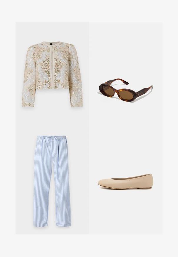 Beige siuvinėtas trumpas švarkas su rožinėmis, žaliomis ir mėlynomis gėlėmis. Turi ilgas rankoves ir apvalų iškirpimą.; Bežinė blusa su gėlėmis siuvinėjimu, permatomos pūstinės rankovės, apvali iškirptė ir užtrauktuko uždarymas nugaros pusėje. Tekstūruotas gėlių raštas priekinėje pusėje.; Šviesiai mėlynos ir baltos dryžuotos pižamos kelnės su raišteliu juosmenyje, pasižyminčios laisvu siluetu ir nėriniuotais kraštais. Pagamintos iš minkštos lengvos medžiagos.; Šviesiai ruda odinė baleto bateliai su apvaliu galiuku, minimaliais siūlių detalėmis, žemu kulnu ir subtiliu logotipu gale. Lygi, matinė tekstūra.; Tortoiso akies saulės akiniai su ovaliais objektyvais, rusvu tonu ir auksiniais akcentais ant šonų. Stori rėmeliai su blizgiu paviršiumi ir glotnia tekstūra.