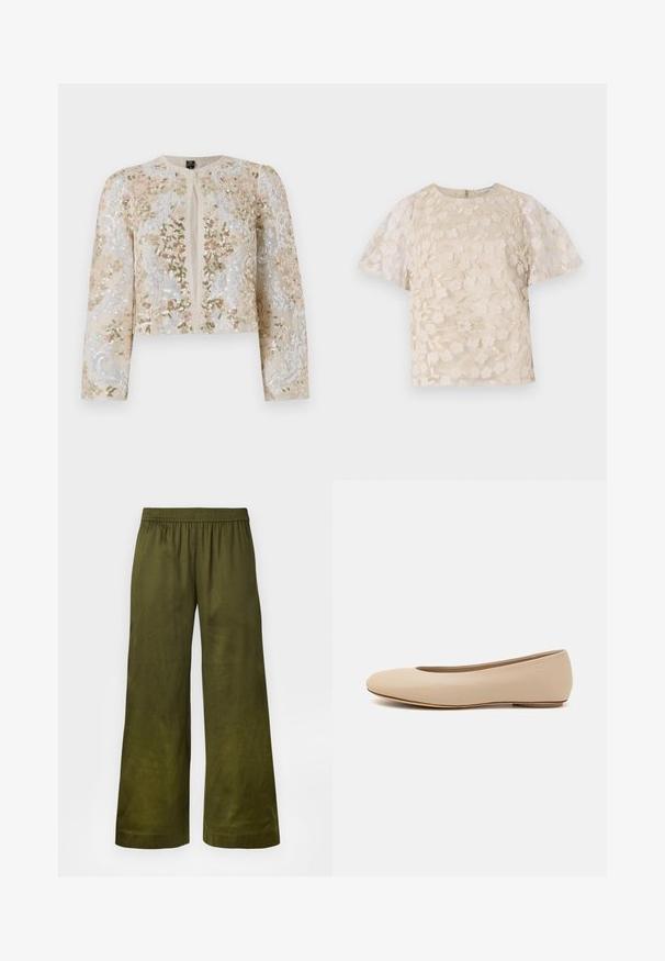 Beige cropattu takki, jossa on pinkkejä, vihreitä ja sinisiä kukkakuvioita. Varustettu pitkillä hihoilla ja pyöreällä kaula-aukolla.; Beige paita, jossa on kukkakirjonta, läpikuultavat puffihihat, pyöreä pääntie ja takana vetoketjusulku. Teksturoitu kukkakuvio etupaneelissa.; Valkoiset lahkeet, jotka on valmistettu oliivinvihreästä kankaasta, joustavalla vyötärönauhana ja sileällä pinnalla. Ei näkyviä kuvioita tai yksityiskohtia.; Beige nahkara ballet flat dengan ujung bulat, detail jahitan minimal, hak rendah, dan logo halus di bagian belakang. Tekstur halus dan matte.