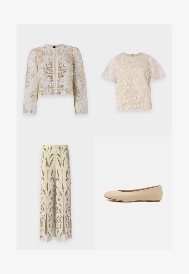 Embroidered cropped jacket in beige with floral motifs in pink, green, and blue. Features long sleeves and a round neckline.; Beige blouse with floral embroidery, sheer puff sleeves, round neckline, and back zipper closure. Textured floral pattern on front panel.; Wide-leg pants in cream fabric with green floral embroidery. Features slits at the hem and intricate botanical patterns.; Beige leather ballet flat with rounded toe, minimal seam detailing, low heel, and subtle logo on the back. Smooth, matte texture.