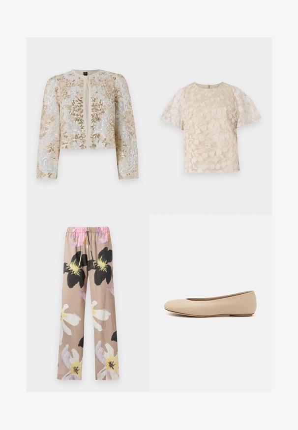 Hímesített, bézs színű, cropped dzseki rózsaszín, zöld és kék virágmotívumokkal. Hosszú ujjaival és kerek nyakkivágásával rendelkezik.; Beige blúz virágos hímzéssel, áttetsző puffos ujjakkal, kerek nyakkivágással és hátsó cipzáras zárással. Textúrált virágmintázat az elülső panelen.; Beige virágmintás nadrág nagy fekete-fehér virágmintákkal, elasztikus derékkal és rózsaszín zsinórral.; Beige bőr balettcipő lekerekített orral, minimális varrás részletekkel, alacsony sarkú és diszkrét logóval a hátsó részen. Simább, matt textúrájú.