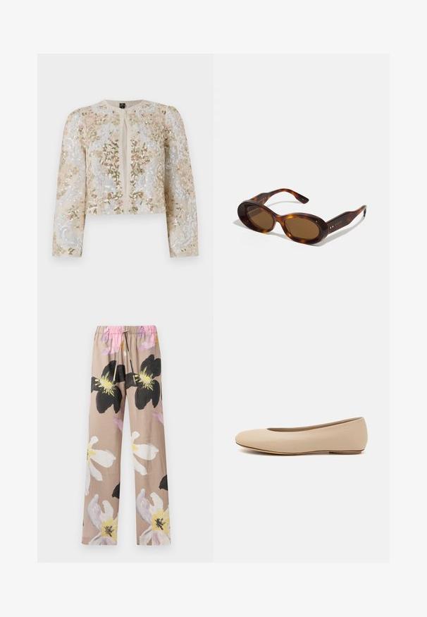 Giacca cropped ricamata in beige con motivi floreali in rosa, verde e blu. Presenta maniche lunghe e scollo rotondo.; Blusa beige con ricami floreali, maniche a sbuffo trasparenti, scollatura tonda e chiusura con cerniera sul retro. Motivo floreale testurizzato sul pannello anteriore.; Pantaloni a stampa floreale in beige con grandi fiori bianchi e neri, dotati di un elastico in vita e un laccetto rosa.; Ballerine in pelle beige con punta arrotondata, dettagli di cucitura minimi, tacco basso e logo discreto sul retro. Texture liscia e opaca.; Occhiali da sole tartaruga con lenti ovali, tonalità marrone e accenti dorati sulle aste. Montatura spessa con una finitura lucida e una texture liscia.
