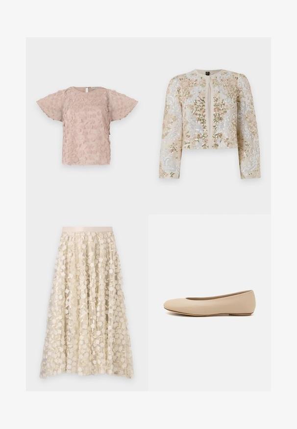 Bestickte, taillierte Jacke in Beige mit blühenden Motiven in Pink, Grün und Blau. Verfügt über lange Ärmel und einen runden Ausschnitt.; Rosafarbene bestickte Bluse mit Blumenmustern, kurzen, flatternden Ärmeln und einem Schlüssellochverschluss im Rücken. Weicher, texturierter Stoff.; Blumenstickerei auf einem transparenten, crèmefarbenen Rock mit einem Satinbund. Das Design zeigt kleine, zarte Blumen und Blätter.; Beige Leder-Ballerina mit runder Zehenform, minimaler Nahtgestaltung, niedrigem Absatz und dezentem Logo auf der Rückseite. Glatte, matten Oberfläche.
