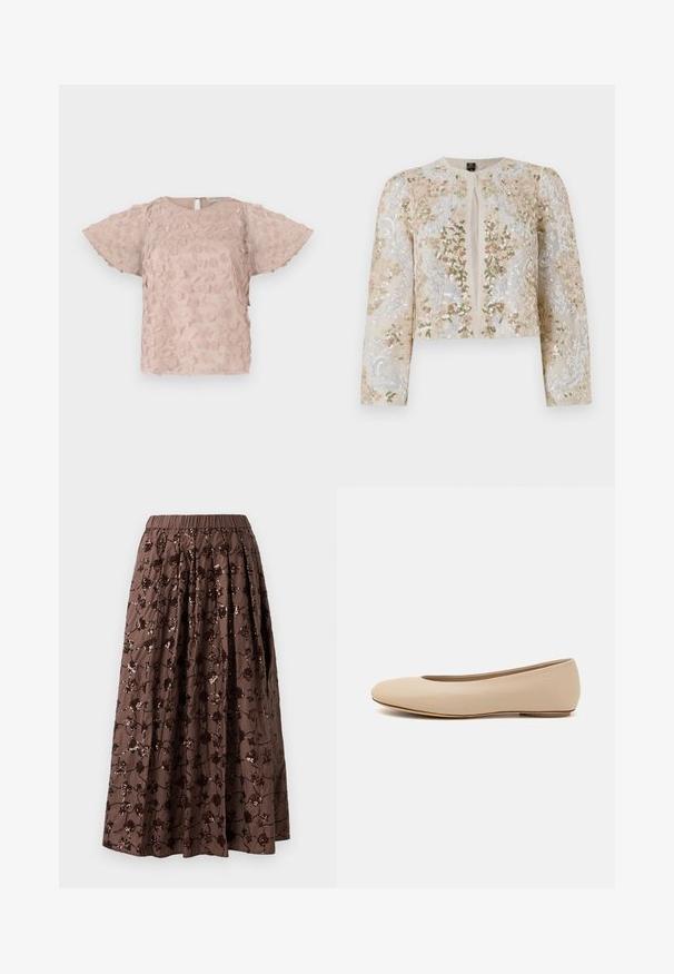 Giacca cropped ricamata in beige con motivi floreali in rosa, verde e blu. Presenta maniche lunghe e scollo rotondo.; Blusa rosa ricamata con motivi floreali, maniche corte a sbuffo e chiusura a occhio di bue sul retro. Tessuto morbido e strutturato.; Gonna midi marrone con vita elastica, caratterizzata da decorazioni floreali in paillettes, design plissettato e una texture di tessuto liscia.; Ballerine in pelle beige con punta arrotondata, dettagli di cucitura minimi, tacco basso e logo discreto sul retro. Texture liscia e opaca.