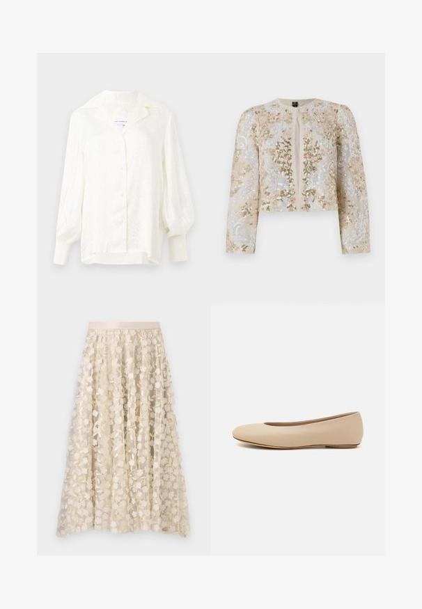 Giacca cropped ricamata in beige con motivi floreali in rosa, verde e blu. Presenta maniche lunghe e scollo rotondo.; Blusa bianca con un motivo testurizzato, colletto oversize e maniche a sbuffo. Presenta una chiusura con bottoni e polsini arricciati. Tessuto leggero.; Ricamo floreale su una gonna trasparente color crema con una vita in satin. Il design presenta piccoli e delicati fiori e foglie.; Ballerine in pelle beige con punta arrotondata, dettagli di cucitura minimi, tacco basso e logo discreto sul retro. Texture liscia e opaca.