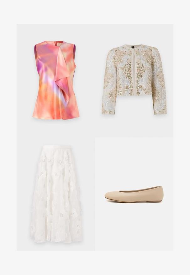 Embroidered cropped jacket in beige with floral motifs in pink, green, and blue. Features long sleeves and a round neckline.; Sleeveless top in satin fabric, featuring a colorful abstract pattern of pink, orange, and violet tones, with a draped front design.; White, knee-length skirt with floral embroidery and silver sequins. Lightweight, flowing fabric with ruffled layers and a fitted waistband.; Beige leather ballet flat with rounded toe, minimal seam detailing, low heel, and subtle logo on the back. Smooth, matte texture.