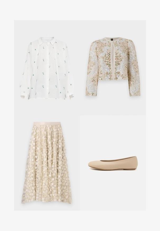 Embroidered cropped jacket in beige with floral motifs in pink, green, and blue. Features long sleeves and a round neckline.; White linen shirt with a button-up front. Features green and blue floral embroidery, long sleeves, and a pointed collar. Relaxed fit.; Floral embroidery on a sheer, cream-colored skirt with a satin waistband. The design features small, delicate flowers and leaves.; Beige leather ballet flat with rounded toe, minimal seam detailing, low heel, and subtle logo on the back. Smooth, matte texture.