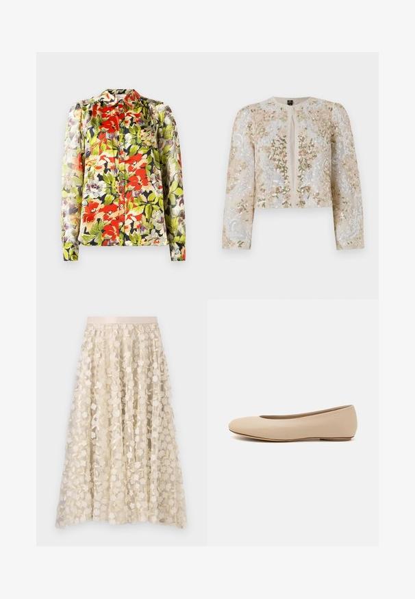 Embroidered cropped jacket in beige with floral motifs in pink, green, and blue. Features long sleeves and a round neckline.; Floral blouse with a collar, long sleeves, and button-up front. Features red, green, and purple floral patterns on a light background.; Floral embroidery on a sheer, cream-colored skirt with a satin waistband. The design features small, delicate flowers and leaves.; Beige leather ballet flat with rounded toe, minimal seam detailing, low heel, and subtle logo on the back. Smooth, matte texture.