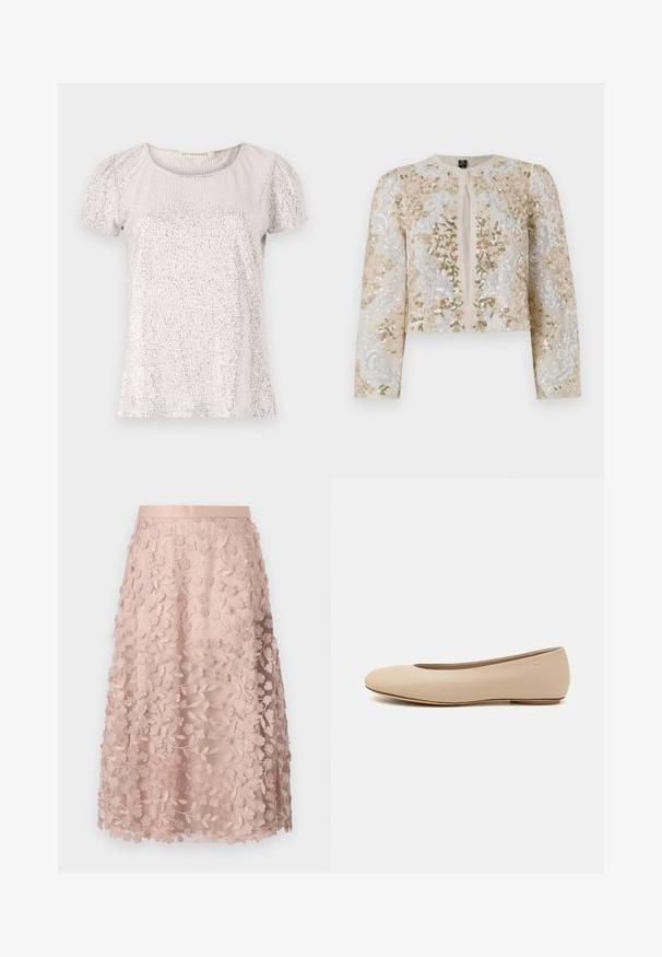 Izšūta īsā jakas stila virsjaka bēšā krāsā ar ziedu motīviem rozā, zaļā un zilā krāsā. Iespējami gari piedurknes un apaļa kakla izgriezums.; Kratkām piedurknēm topiņš gaiši bēšā krāsā ar teksturētu virsmu, kas rotāta ar pērlītēm, ar apaļu kakla izgriezumu un savilktām piedurknēm.; Mežģīņu midi svārki maigā pinka krāsā ar ziedu izšuvumu, ar pieguļošu vidukļa līniju un slāņainu dizainu, izceļot smalku tekstūru.; Bežs ādas deju zābaciņš ar noapaļu purngalu, minimālu šuvju detaļām, zemu papēdi un diskrētu logotipu aizmugurē. Gluda, matēta tekstūra.