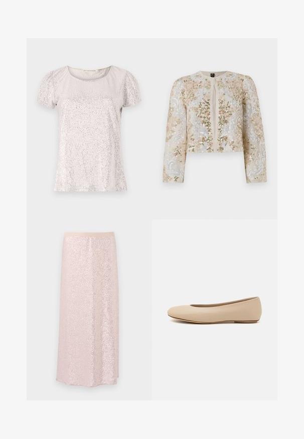 Embroidered cropped jacket in beige with floral motifs in pink, green, and blue. Features long sleeves and a round neckline.; Short-sleeve top in light beige with a textured surface adorned with sequins, featuring a round neckline and gathered sleeves.; Pink sequin skirt with a smooth waistband, featuring a textured surface and a knee-length A-line design. Reflective sequins create a shimmering effect.; Beige leather ballet flat with rounded toe, minimal seam detailing, low heel, and subtle logo on the back. Smooth, matte texture.