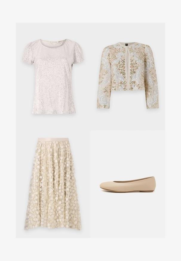 Beige geborduurd cropped jack met florale motieven in roze, groen en blauw. Heeft lange mouwen en een ronde halslijn.; Korte mouwen top in lichtbeige met een gestructureerd oppervlak versierd met pailletten, met een ronde hals en geraffineerde mouwen.; Bloemrijke borduursels op een doorschijnende, crèmekleurige rok met een satijnen tailleband. Het ontwerp bevat kleine, delicate bloemen en bladeren.; Beige leren ballerina met een ronde neus, minimale naaidetailing, lage hak en subtiel logo op de achterkant. Gladde, matte textuur.