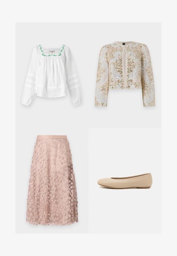 Beige värviga tikandiga lühike jak, millel on roosa, rohelise ja sinise lillemustrid. Omab pikki varrukaid ja ümmargust kaelust.; Valge pluus ruudukujulise kaelusega, millel on rohelised lillemustrid kaeluse ääres. Pikad varrukad on läbipaistvate horisontaalsete triipudega.; Soe roosa pitsist midi-seelik, millel on lilleline tikand, sobitatud vöökoht ja kihiline disain, rõhutades õrna tekstuuri.; Beeži nahk balletitossud ümarate varvastega, minimaalse õmbluse detailiga, madala kanna ja diskreetse logoga taga. Sile, mati tekstuur.