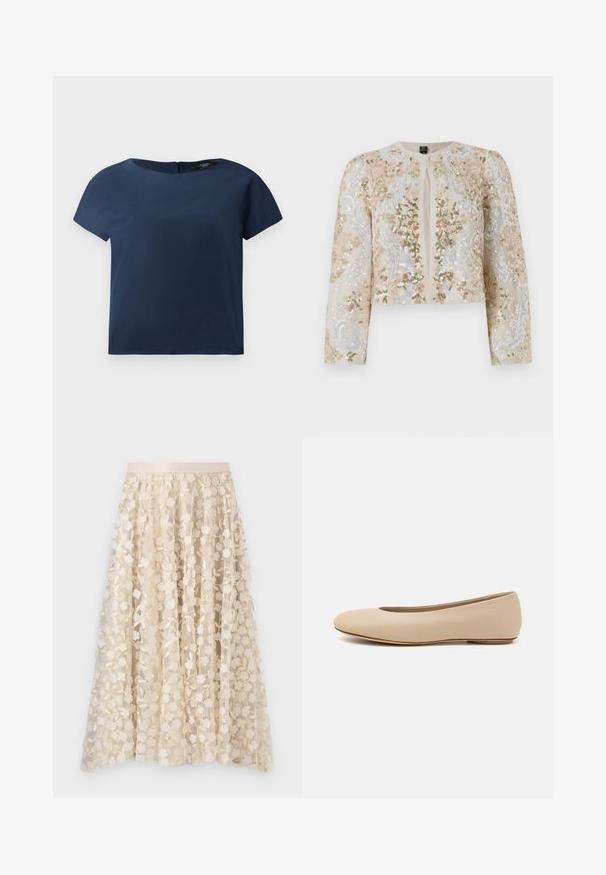 Giacca cropped ricamata in beige con motivi floreali in rosa, verde e blu. Presenta maniche lunghe e scollo rotondo.; Top corto a maniche corte blu navy, scollo rotondo, tessuto morbido, vestibilità rilassata, con una chiusura sul retro discreta e minimi dettagli di cucitura.; Ricamo floreale su una gonna trasparente color crema con una vita in satin. Il design presenta piccoli e delicati fiori e foglie.; Ballerine in pelle beige con punta arrotondata, dettagli di cucitura minimi, tacco basso e logo discreto sul retro. Texture liscia e opaca.