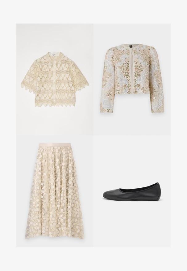 Broderet cropped jakke i beige med blomstermotiv i pink, grøn og blå. Har lange ærmer og rund halsudskæring.; Cremefarvet bluse i blonde med korte ærmer, knaplukning foran, blomsterprint, bølgerede kanter og en lille krave.; Blomsterbroderi på en gennemsigtig, cremefarvet nederdel med satinliv. Designet har små, delikate blomster og blade.; Sort læderballetsko med rund tå, glat tekstur, minimal syning og et fleksibelt såldesign.