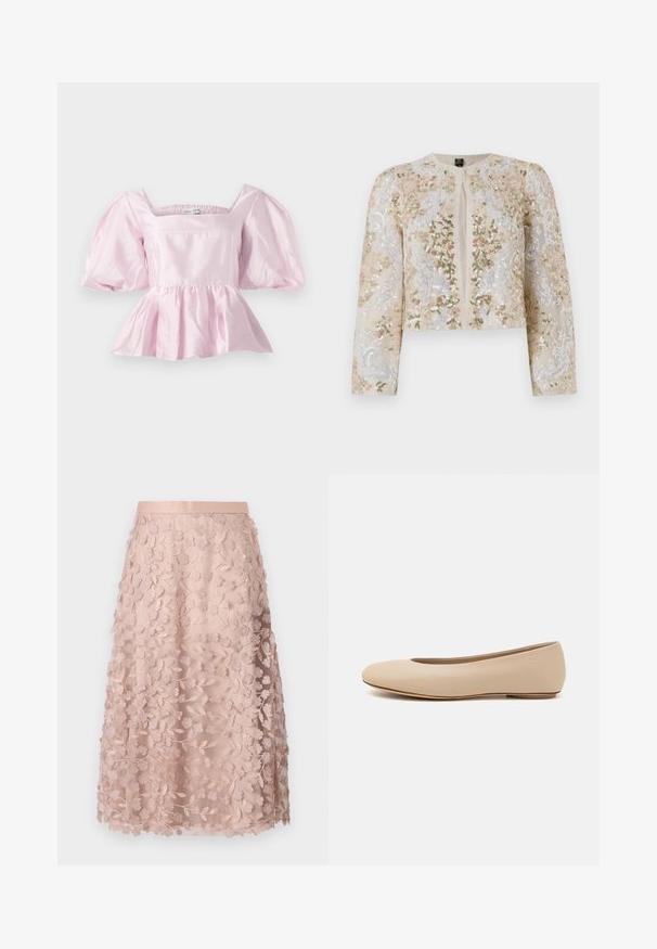 Beige cropattu takki, jossa on pinkkejä, vihreitä ja sinisiä kukkakuvioita. Varustettu pitkillä hihoilla ja pyöreällä kaula-aukolla.; Vaaleanpunainen peplum-toppi, joka on valmistettu kiiltävästä satiinista. Siinä on neliönmuotoinen kaula-aukko ja puffihihat, joissa on elastinen helma.; Pitkä pitsihame pehmeässä vaaleanpunaisessa sävyssä, jossa on kukkakirjontaa. Hameessa on tiukka vyötärö ja kerroksellinen muotoilu, mikä korostaa herkkää pintarakennetta.; Beige nahkara ballet flat dengan ujung bulat, detail jahitan minimal, hak rendah, dan logo halus di bagian belakang. Tekstur halus dan matte.