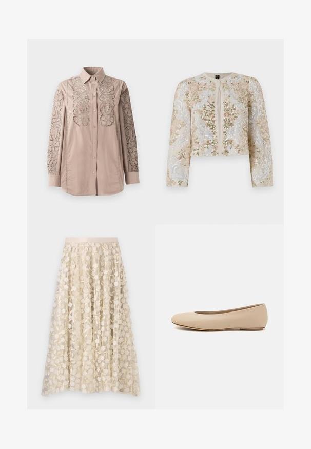 Embroidered cropped jacket in beige with floral motifs in pink, green, and blue. Features long sleeves and a round neckline.; Light beige button-up shirt with intricate lace-like floral embroidery on sleeves. Soft fabric with structured collar and long sleeves.; Floral embroidery on a sheer, cream-colored skirt with a satin waistband. The design features small, delicate flowers and leaves.; Beige leather ballet flat with rounded toe, minimal seam detailing, low heel, and subtle logo on the back. Smooth, matte texture.