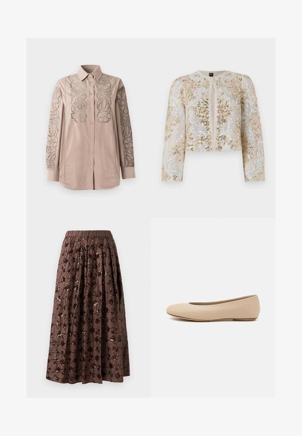 Veste courte brodée en beige avec des motifs floraux en rose, vert et bleu. Comprend des manches longues et un col rond.; Chemise boutonnière beige clair avec une broderie florale complexe en dentelle sur les manches. Tissu doux avec un col structuré et des manches longues.; Jupe midi marron avec une taille élastique, ornée de sequins floraux, au design plissé et à la texture de tissu lisse.; Ballerines en cuir beige avec un bout arrondi, un minimum de coutures, un petit talon et un logo subtil à l'arrière. Texture lisse et mate.