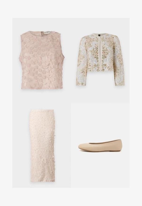 Veste courte brodée en beige avec des motifs floraux en rose, vert et bleu. Comprend des manches longues et un col rond.; Débardeur sans manches en rose clair, avec broderies florales en relief, encolure ronde et fermeture éclair au dos. Tissu doux et transparent.; Jupe crayon crème en dentelle avec des appliqués floraux. Le design est ajusté, présentant une texture lisse et des embellissements détaillés.; Ballerines en cuir beige avec un bout arrondi, un minimum de coutures, un petit talon et un logo subtil à l'arrière. Texture lisse et mate.