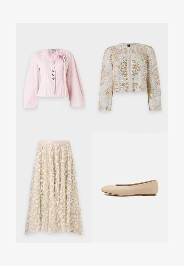 Giacca cropped ricamata in beige con motivi floreali in rosa, verde e blu. Presenta maniche lunghe e scollo rotondo.; Blusa a righe rosa con scollatura a V, maniche lunghe e un accento floreale sul lato sinistro. Tre bottoni decorativi sul frontale.; Ricamo floreale su una gonna trasparente color crema con una vita in satin. Il design presenta piccoli e delicati fiori e foglie.; Ballerine in pelle beige con punta arrotondata, dettagli di cucitura minimi, tacco basso e logo discreto sul retro. Texture liscia e opaca.