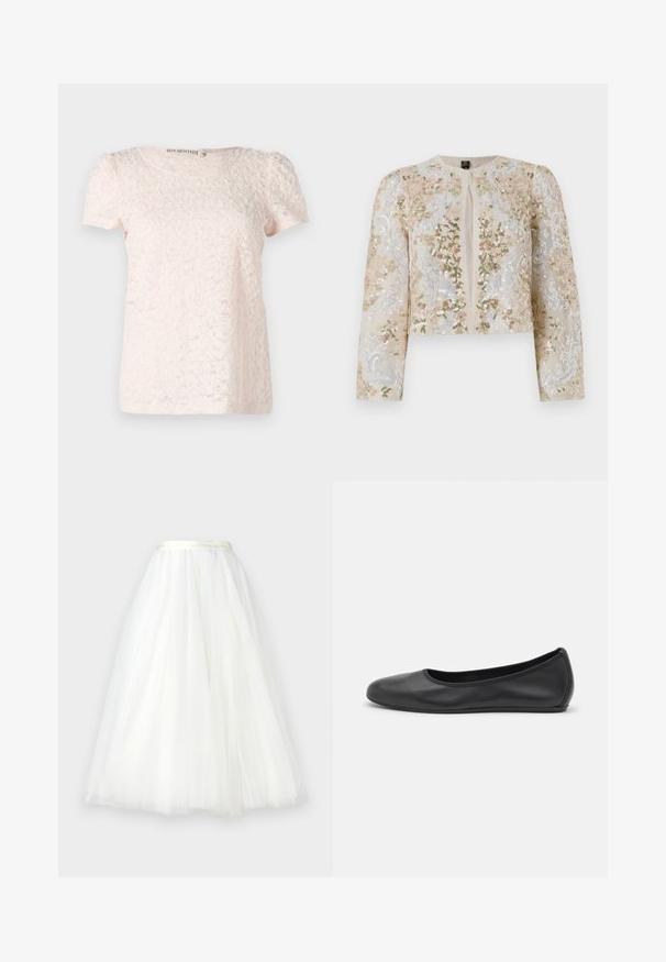 Giacca cropped ricamata in beige con motivi floreali in rosa, verde e blu. Presenta maniche lunghe e scollo rotondo.; Top corto a maniche corte di un rosa chiaro, caratterizzato da un motivo floreale testurizzato e un collo rotondo. Realizzato in un tessuto morbido e delicato.; Ida Sjöstedt NOVA - Gonna lunga - ivory; Pantofole da balletto nere in pelle con punta arrotondata, texture liscia, dettagli di cucitura minimi e design con suola flessibile.