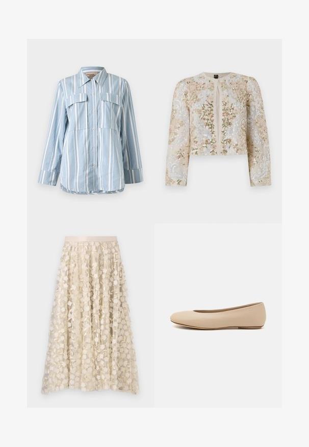 Beige siuvinėtas trumpas švarkas su rožinėmis, žaliomis ir mėlynomis gėlėmis. Turi ilgas rankoves ir apvalų iškirpimą.; Šviesiai mėlynas marškinėlių palaidinė su baltais vertikaliais dryžiais, dviem priekinių kišenėmis ir ilgomis rankovėmis. Lygus audinys ir smailus apykaklė.; Gėlių siuvinėjimas ant permatomos, kreminės spalvos sijono su satino juosta. Dizainas apima mažas, elegantiškas gėles ir lapus.; Šviesiai ruda odinė baleto bateliai su apvaliu galiuku, minimaliais siūlių detalėmis, žemu kulnu ir subtiliu logotipu gale. Lygi, matinė tekstūra.