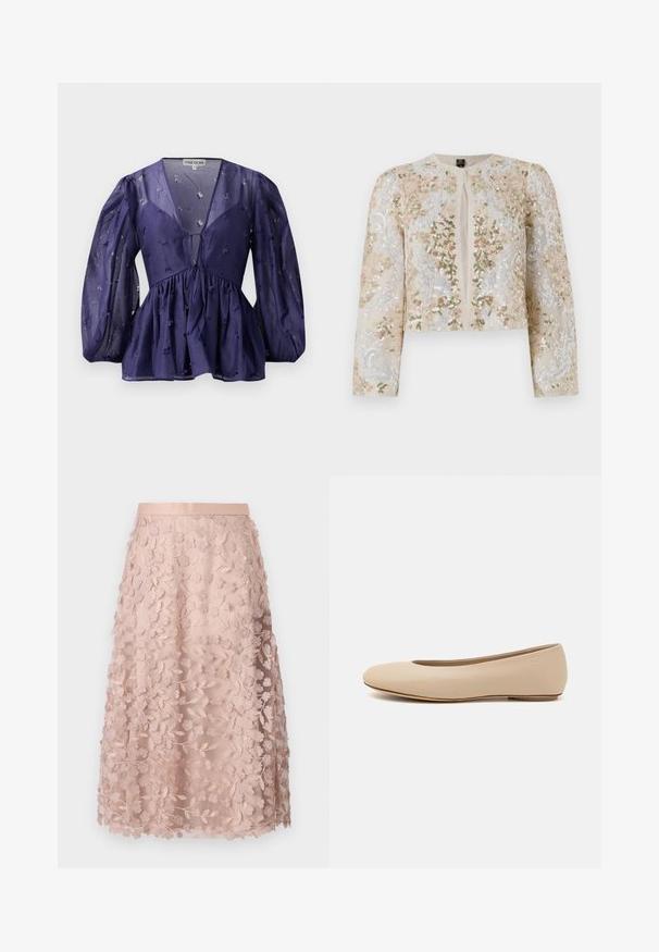 Hímesített, bézs színű, cropped dzseki rózsaszín, zöld és kék virágmotívumokkal. Hosszú ujjaival és kerek nyakkivágásával rendelkezik.; Tengerészkék blúz áttetsző anyaggal, V-nyakkivágással és puffos ujjal. Kokka ráncos derékkal rendelkezik, virágos hímzéssel díszítve.; Csipkés midi szoknya puha rózsaszínben, virágmintás hímzéssel, illeszkedő derékkal és réteges kialakítással, kiemelve a finom textúrát.; Beige bőr balettcipő lekerekített orral, minimális varrás részletekkel, alacsony sarkú és diszkrét logóval a hátsó részen. Simább, matt textúrájú.