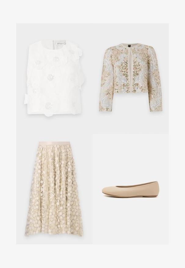 Bestickte, taillierte Jacke in Beige mit blühenden Motiven in Pink, Grün und Blau. Verfügt über lange Ärmel und einen runden Ausschnitt.; Weiße ärmellose Bluse mit bestickten Blumen, Perlenakzenten und einer glatten Textur. Verschluss am Rücken mit einem kleinen, unauffälligen Reißverschluss.; Blumenstickerei auf einem transparenten, crèmefarbenen Rock mit einem Satinbund. Das Design zeigt kleine, zarte Blumen und Blätter.; Beige Leder-Ballerina mit runder Zehenform, minimaler Nahtgestaltung, niedrigem Absatz und dezentem Logo auf der Rückseite. Glatte, matten Oberfläche.
