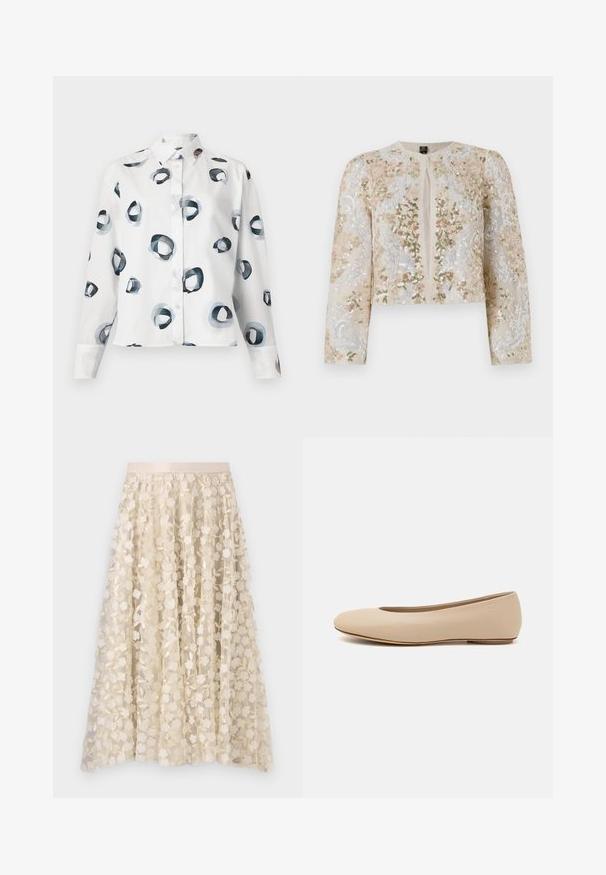 Hímesített, bézs színű, cropped dzseki rózsaszín, zöld és kék virágmotívumokkal. Hosszú ujjaival és kerek nyakkivágásával rendelkezik.; Fehér, gombos ing, amely absztrakt kör alakú mintával, kék és fekete árnyalatokban készült. Pamutból készült, sima textúrájú, hosszú ujjal.; Virágos hímzés egy áttetsző, krém színű szoknyán, selyem derékkal. A mintázat kis, finom virágokat és leveleket ábrázol.; Beige bőr balettcipő lekerekített orral, minimális varrás részletekkel, alacsony sarkú és diszkrét logóval a hátsó részen. Simább, matt textúrájú.