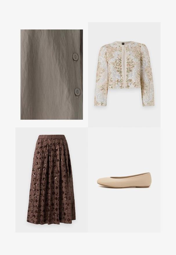 Bestickte, taillierte Jacke in Beige mit blühenden Motiven in Pink, Grün und Blau. Verfügt über lange Ärmel und einen runden Ausschnitt.; Hemd mit Knöpfen aus einem strukturierten, hellbraunen Stoff mit dezentem Glanz. Glatte Textur, vertikale Nähte und runde Knöpfe sind sichtbar.; Brauner Midirock mit elastischem Bund, verziert mit floralen Pailletten, mit plissiertem Design und glatter Stofftextur.; Beige Leder-Ballerina mit runder Zehenform, minimaler Nahtgestaltung, niedrigem Absatz und dezentem Logo auf der Rückseite. Glatte, matten Oberfläche.