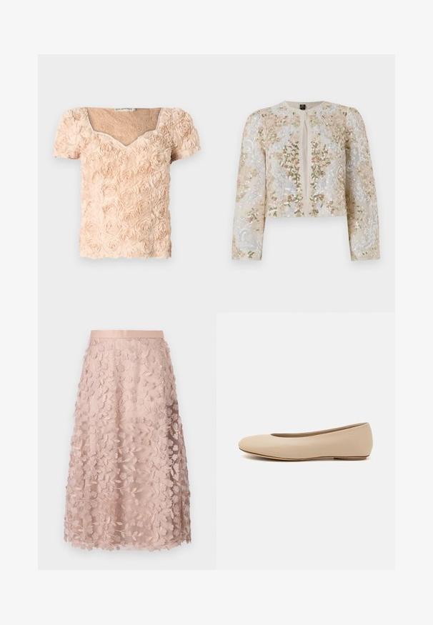 Vyšívaná zkrácená bunda v béžové barvě s květinovými motivy v růžové, zelené a modré. Má dlouhé rukávy a kulatý výstřih.; Ida Sjöstedt LOUISE - Blůza - light beige; Krajková midi sukně v jemně růžové barvě s květinovou výšivkou, která má přiléhavý pas a vrstvený design, zdůrazňující jemnou strukturu.; Béžové kožené baletní byty s kulatou špičkou, minimálním prošíváním, nízkým podpatkem a decentním logem na zadní straně. Hladký, matný povrch.