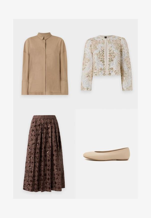 Chaqueta corta bordada en beige con motivos florales en rosa, verde y azul. Presenta mangas largas y un cuello redondo.; Camisa beige de manga larga en tejido ligero que cuenta con un cuello clásico, una tapeta de botones oculta y detalles de costura sutiles en las mangas.; Falda midi marrón con cintura elástica, adornos de lentejuelas florales, diseño plisado y una textura de tela suave.; Bailarina de cuero beige con punta redondeada, detalles de costura mínimos, tacón bajo y un sutil logo en la parte trasera. Textura suave y mate.