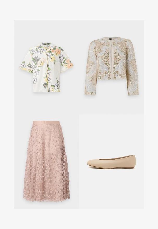 Embroidered cropped jacket in beige with floral motifs in pink, green, and blue. Features long sleeves and a round neckline.; Short-sleeve white shirt, featuring colorful floral embroidery in orange, yellow, and purple, with a small chest pocket and yellow trim.; Lace midi skirt in soft pink with floral embroidery, featuring a fitted waistband and layered design, accentuating a delicate texture.; Beige leather ballet flat with rounded toe, minimal seam detailing, low heel, and subtle logo on the back. Smooth, matte texture.