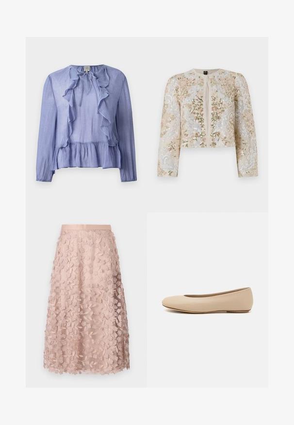 Jachetă scurtă brodată în bej, cu motive florale în roz, verde și albastru. Are mâneci lungi și decolteu rotund.; Bluză lungă cu mâneci lungi, de culoare bleu deschis, cu un guler fronsat și tiv peplum, realizată dintr-un material texturat, având un detaliu cu panglică la guler.; Fustă midi din dantelă în roz deschis cu broderie florală, având un talie ajustată și un design în straturi, accentuând o textură delicată.; Balerini din piele bej, cu vârful rotund, detalii de cusătură minime, toc mic și un logo subtil pe partea din spate. Textură netedă, mată.