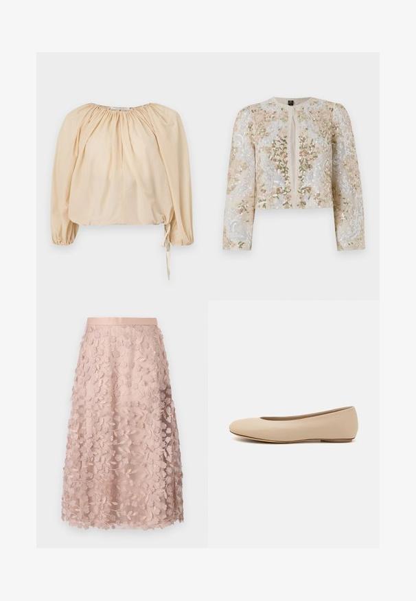 Hímesített, bézs színű, cropped dzseki rózsaszín, zöld és kék virágmotívumokkal. Hosszú ujjaival és kerek nyakkivágásával rendelkezik.; Puff-sleeves, bézs blúz könnyű pamutból. Ráncolt nyakkivágás és zsinóros vég gondoskodik a állítható illeszkedésről. Sima textúra.; Csipkés midi szoknya puha rózsaszínben, virágmintás hímzéssel, illeszkedő derékkal és réteges kialakítással, kiemelve a finom textúrát.; Beige bőr balettcipő lekerekített orral, minimális varrás részletekkel, alacsony sarkú és diszkrét logóval a hátsó részen. Simább, matt textúrájú.