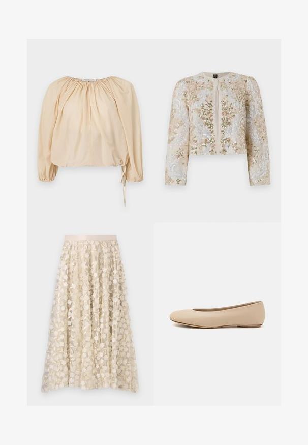 Beige siuvinėtas trumpas švarkas su rožinėmis, žaliomis ir mėlynomis gėlėmis. Turi ilgas rankoves ir apvalų iškirpimą.; Pūkuotomis rankovėmis, béžinė bluzė iš lengvo medvilnės. Yra surinkta apykaklė ir šnervės apačioje, leidžiančios reguliuoti dydį. Vientisa tekstūra.; Gėlių siuvinėjimas ant permatomos, kreminės spalvos sijono su satino juosta. Dizainas apima mažas, elegantiškas gėles ir lapus.; Šviesiai ruda odinė baleto bateliai su apvaliu galiuku, minimaliais siūlių detalėmis, žemu kulnu ir subtiliu logotipu gale. Lygi, matinė tekstūra.