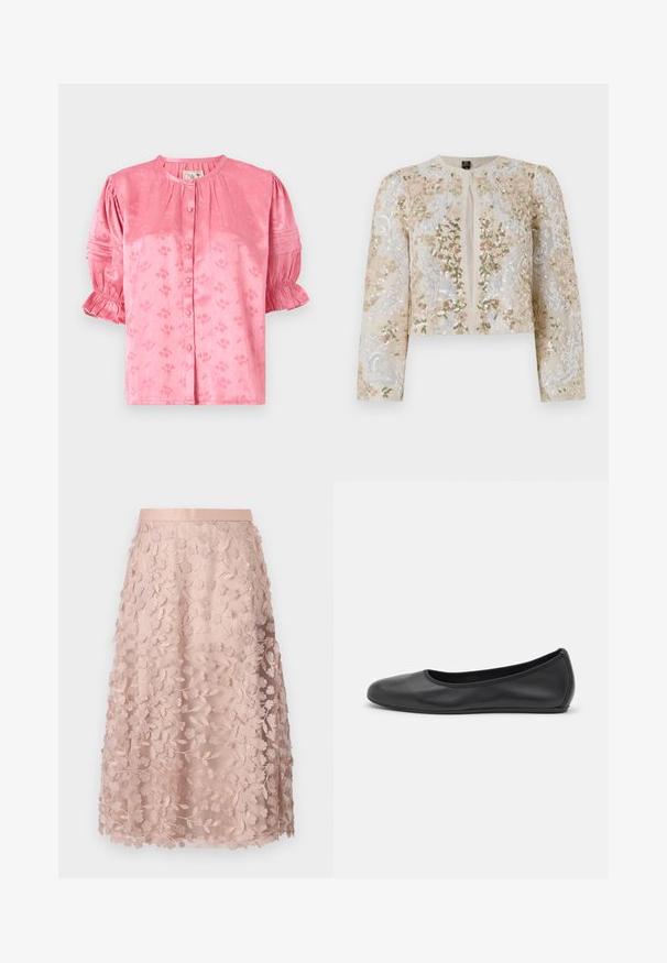 Giacca cropped ricamata in beige con motivi floreali in rosa, verde e blu. Presenta maniche lunghe e scollo rotondo.; Blusa a fiori rosa con scollo rotondo, maniche corte a palloncino e chiusura con bottoni. Realizzata in tessuto testurizzato con una leggera lucentezza.; Gonna midi in pizzo rosa pallido con ricami floreali, caratterizzata da una vita aderente e un design a strati, che esalta una texture delicata.; Pantofole da balletto nere in pelle con punta arrotondata, texture liscia, dettagli di cucitura minimi e design con suola flessibile.