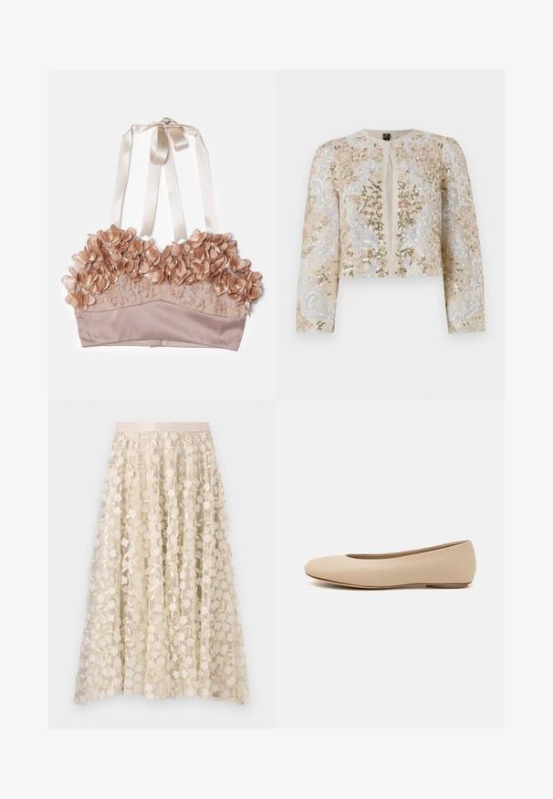 Bestickte, taillierte Jacke in Beige mit blühenden Motiven in Pink, Grün und Blau. Verfügt über lange Ärmel und einen runden Ausschnitt.; Hautfarbener Bralette mit floralen Verzierungen, Spitzenstoff, satinierter Unterlage und verstellbaren Satinbändern.; Blumenstickerei auf einem transparenten, crèmefarbenen Rock mit einem Satinbund. Das Design zeigt kleine, zarte Blumen und Blätter.; Beige Leder-Ballerina mit runder Zehenform, minimaler Nahtgestaltung, niedrigem Absatz und dezentem Logo auf der Rückseite. Glatte, matten Oberfläche.
